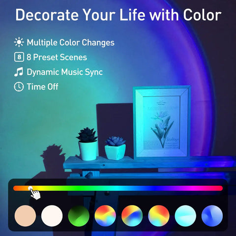 Sunset Lamp Projection With Remote And Phone App Control RGB Color Changing LED Night Light illuminating room with color wheel and decor.