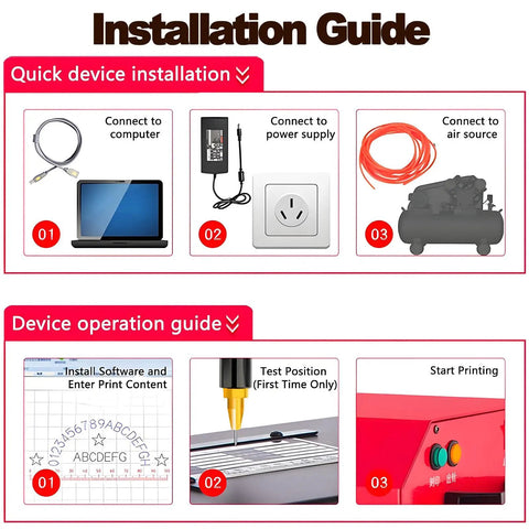 Installation guide for Portable Air Powered Engraver showing laptop, power supply, and air compressor connections.