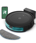 Black robot vacuum and mop combo with docking station and phone app, designed for multi surface floors with powerful suction and smart mapping.