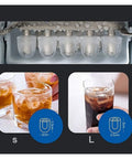 Heavy Hitter Countertop Ice Maker Churning Out Sixteen Kilos Daily With Nine Ice Cubes Ready In Just Thirteen Minutes Auto Self Cleaning Compact Design Includes Scoop And Basket showing clear ice cubes in 2 sizes.