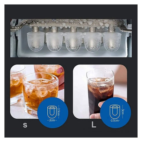 Heavy Hitter Countertop Ice Maker Churning Out Sixteen Kilos Daily With Nine Ice Cubes Ready In Just Thirteen Minutes Auto Self Cleaning Compact Design Includes Scoop And Basket showing clear ice cubes in 2 sizes.