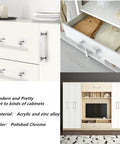 Image of 5 Inch Center To Center Polished Chrome Cabinet Pulls Set Of 5 With Clear Acrylic Inserts mounted on white cabinets.