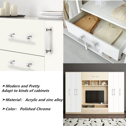 Image of 5 Inch Center To Center Polished Chrome Cabinet Pulls Set Of 5 With Clear Acrylic Inserts mounted on white cabinets.