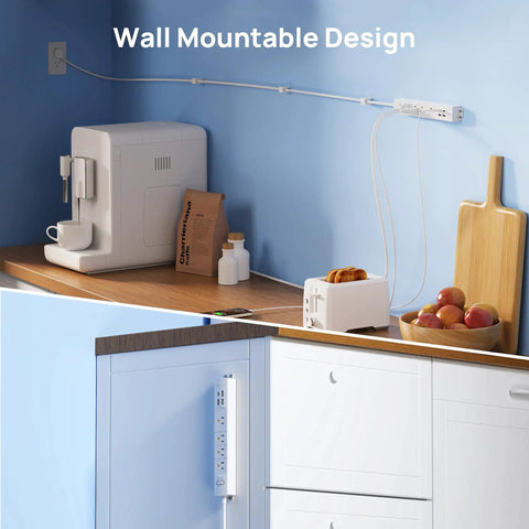 Ultra Thin Surge Protector Power Strip with USB A and USB C shown mounted on kitchen wall with appliances.