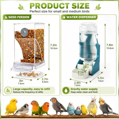 No Sweat Bird Feeder And Water Dispenser Duo For Small Parrots Two Pack Hanging Cage Cups Transparent Pet Food Bowl Quick Load Avian Care Essentials For Flocks with dimensions.