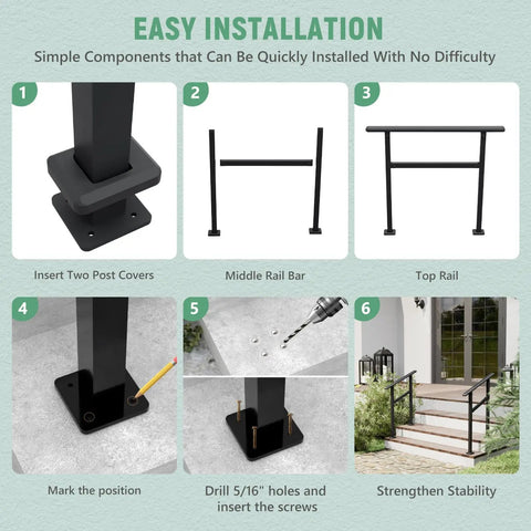 Easy installation steps for 2 Pack Rock Solid Outdoor Step Handrails For Stairs, Adjustable Heavy Duty Steel Porch Railing, black.