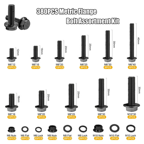 380PCS Flange Bolt Kit With Nuts And Washers for Metric M6 M8 and M10 bolts 12 16 20 25 30 40mm includes lock washers and hex screws