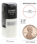 Self Inking Rubber Stamp With Straight Up Bold Black Ink And Badass Clear Clock Face Design Delivering Up To Five Thousand Crisp Impressions, shown next to a penny for size reference.