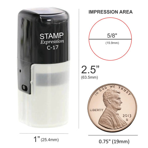 Self Inking Rubber Stamp With Straight Up Bold Black Ink And Badass Clear Clock Face Design Delivering Up To Five Thousand Crisp Impressions, shown next to a penny for size reference.