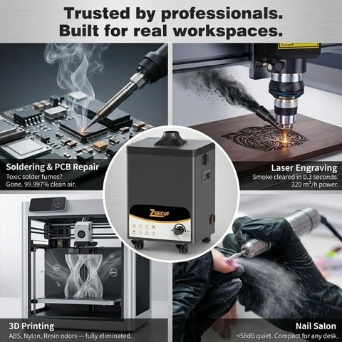 Beefed Up Solder Fume Extractor with 180W Motor and 320 m3 per hour airflow, used for soldering, laser engraving, 3D printing, nail salon.