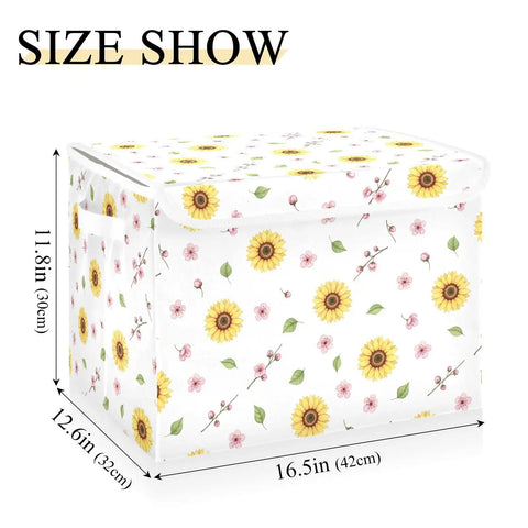 Rock Solid Foldable Storage Bin with Lid and Carrying Handles Collapsible Fabric Organizer on white with sunflowers, 16.5x12.6x11.8 inches.