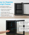 Interior view of 3.0 Cu Ft Upright Freezer With Clear Glass Door Sleek Black Cabinet showcasing removable wire shelves.