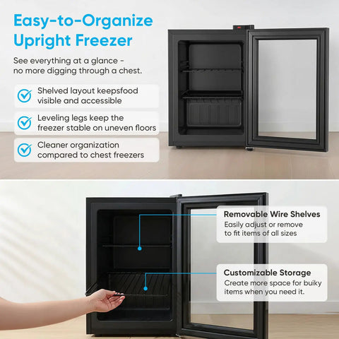 Interior view of 3.0 Cu Ft Upright Freezer With Clear Glass Door Sleek Black Cabinet showcasing removable wire shelves.