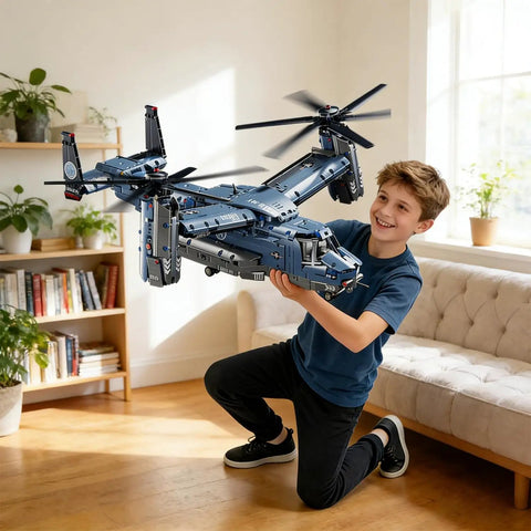 Boy playing with Military Helicopter Building Kit With Tiltrotor Inspired By The V22 Osprey Aircraft Transform Model