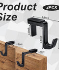 4 Pack Adjustable Cubicle Hooks For 1.8 To 3.5 Inch Panels And Walls, Plastic Coat Hooks For Laptops, Bags, Cases, And Coats, Sturdy Hangers With Easy Install, Style 1 Black displayed on wooden panel showing dimensions