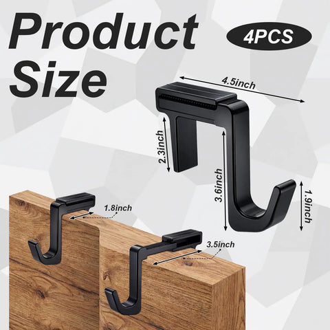 4 Pack Adjustable Cubicle Hooks For 1.8 To 3.5 Inch Panels And Walls, Plastic Coat Hooks For Laptops, Bags, Cases, And Coats, Sturdy Hangers With Easy Install, Style 1 Black displayed on wooden panel showing dimensions