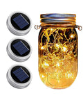 Three Pack Mason Jar Solar Lights Lids With Fairy LED Lights Outdoor Waterproof Lanterns For Garden Yard And Party Decor Automatic On Off Eight To Twelve Hour Charge No Jars Or Hanger Needed lit with warm glow