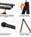 Close-up of Three In One Roller Stand for Woodworking with polished steel roller and ergonomic handle, adjustable height