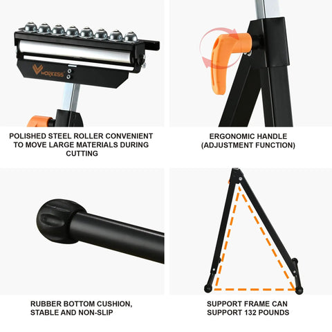 Close-up of Three In One Roller Stand for Woodworking with polished steel roller and ergonomic handle, adjustable height