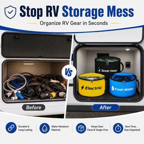 Reinforced RV Hose Storage Organizer With Three Color Coded Bags Clear Labels And Waterproof Cover for organized RV storage