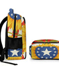 Side and front view of American Sunflower Flag Printed Unisex Backpack with large capacity, durable polyester, padded straps