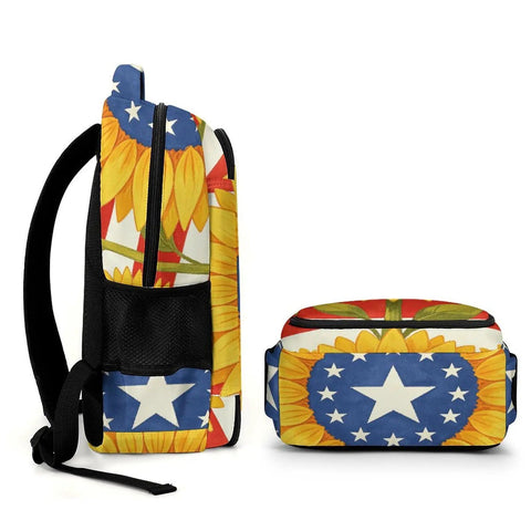 Side and front view of American Sunflower Flag Printed Unisex Backpack with large capacity, durable polyester, padded straps