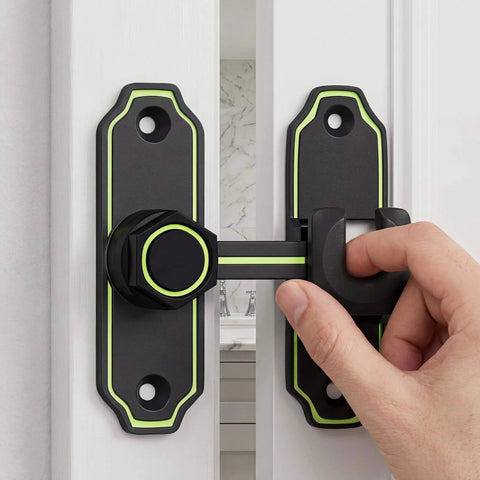 Glow In The Dark Barn Door Lock With 90 Degree Flip Latch, Safety Bolt for sliding doors in bathroom, black, installed view