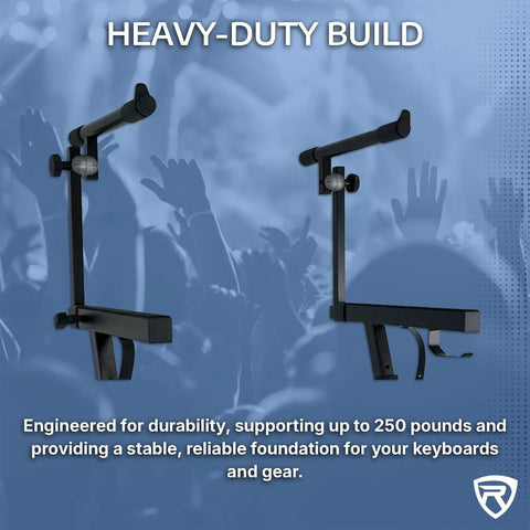 Heavy-Duty Dual-Tier Keyboard Stand With Locking Wheels, Adjustable 26 to 38 Inches Height, in black, against concert background