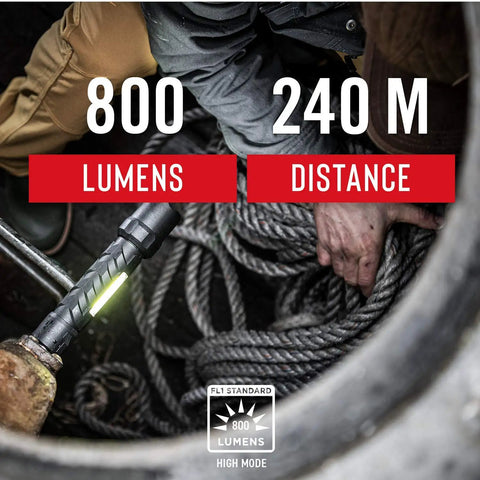Man holding Polysteel 700 LED Flashlight 800 Lumens Heavy Duty Stainless Steel Core for outdoor use.