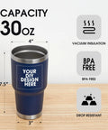 Top Shelf 30oz Custom Coffee Tumbler Stainless Steel Double Wall Vacuum Insulated Cooler Cup with capacity and dimensions displayed.
