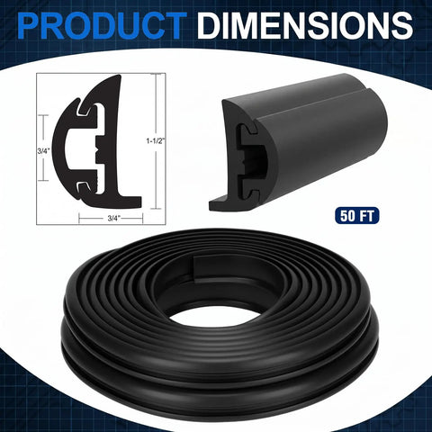 50 Ft Semi Rigid Boat Rub Rail Kit, black marine-grade vinyl, 1-1/2 in. height, coiled with cross-section view