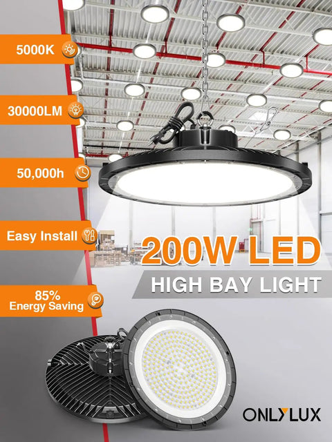 Killer Bright UFO High Bay Light 200W 5000K 30000LM 150LM Per Watt Equivalent To 800W MH HPS HID, for garage, warehouse use.