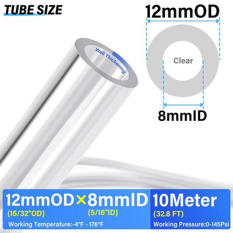 Clear PU Air Hose 12mm OD 8mm ID 10 Meter Polyurethane Tube with size and temperature details.