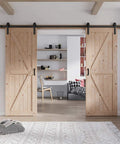 Rock Solid Double Barn Door System With Full Hardware Kit Hella Smooth Gliding Spruce Wood Room Divider For Bedroom Closet Easy Diy Setup Top Shelf Quality And Natural Fragrance, 60x84 inch, showcases smooth gliding doors.