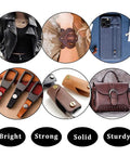 Heavy Duty Round Head Stud Leather Screws And Assorted Rivets Kit With 110 Pieces For Top Shelf Diy Projects And Slick Bookbinding Repairs In Rich Bronze Tone displayed with leather items and accessories.