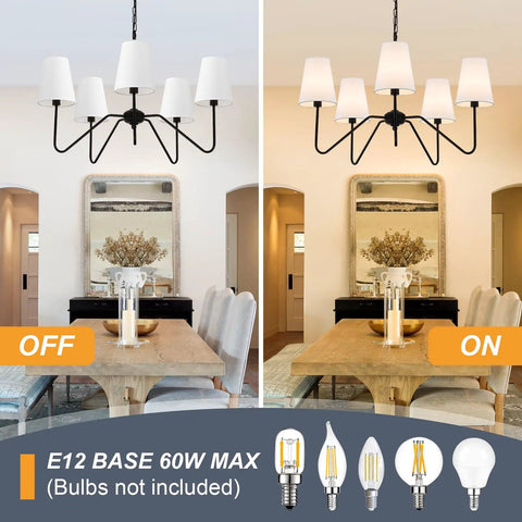 Dope Modern 5 Arm Pendant Chandelier For Dining Room With White Fabric Shades Matte Black Finish 30 Inch Diameter Height Adjustable Ceiling Light Over Table For Living Room Hallway Bedroom