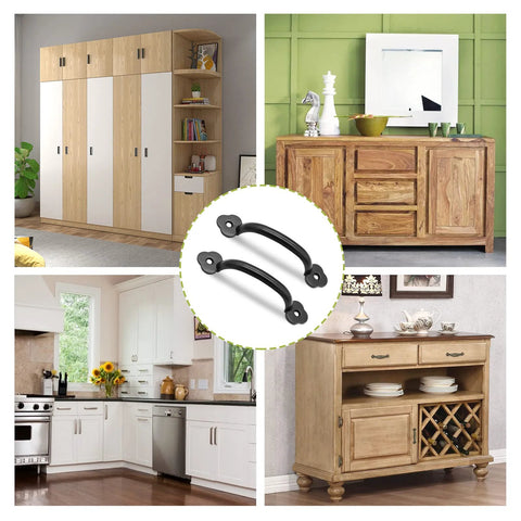 12 Pack Rustic Barn Door Handles Set 4 Inch Length Hole To Hole 3.2 Inches Metal Gate Pull Handles with screws shown in various home settings