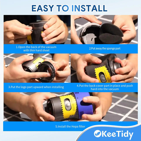 Hands installing HEPA Filter Replacement and Motor Cover for Dyson V8 V7 Motorhead Cordless Vacuums, showing easy install steps