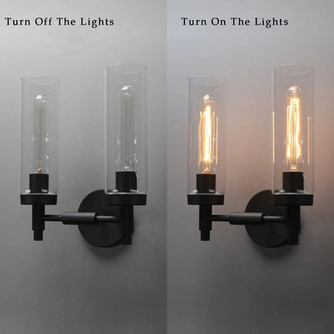 Rustic Industrial Wall Sconce Light With Tubular Clear Glass Lampshades, Matte Black Finish, Double Sconce Set, light on and off