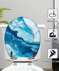 Round Toilet Seat Replacement, Slow-Close, Bathroom with blue marble design and adjustable metal hinges.