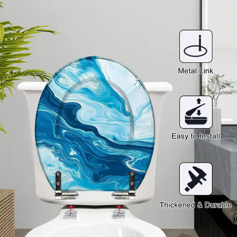 Round Toilet Seat Replacement, Slow-Close, Bathroom with blue marble design and adjustable metal hinges.