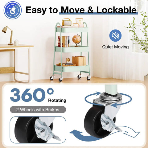 Three Tier Metal Rolling Cart With Lockable Casters For Living Room And Bath A Space Saving Mobile Storage Shelf For Narrow Spaces In Pale Green Smooth Rolling Casters For Quick Organization On The Go