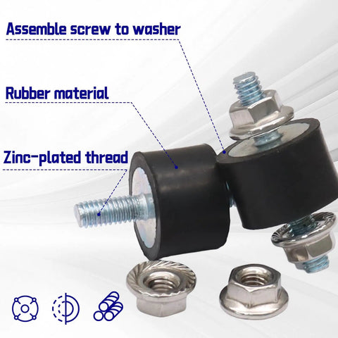 Top Shelf Rubber Vibration Isolator Mounts Eight Piece Kit Featuring M4 X 10mm Threads and 15 X 10mm Base with zinc-plated bolts.