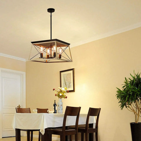 Farmhouse Pendant Light Fixture, 4 Light Geometric Rustic Chandelier For Kitchen Island And Dining Room hanging in dining space