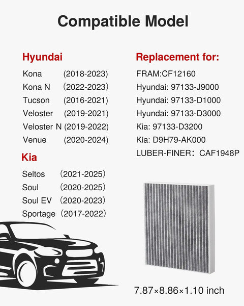 Cabin Air Filter With Activated Carbon For Hyundai Kona Tucson Veloster Venue Seltos Soul Sportage And More Odor Control Breathe Easy