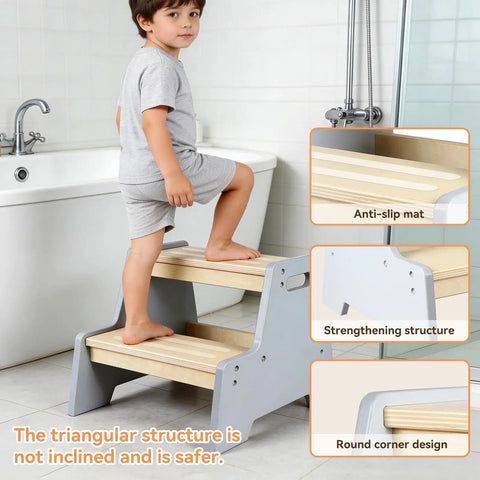 Rock Solid Wood Two Tier Step Stool For Kids Built Tough With Slip Secure Bottom Pads For Bathroom Sink And Kitchen Counter Toddler Ladder Kid Tested And Approved For Daily Use