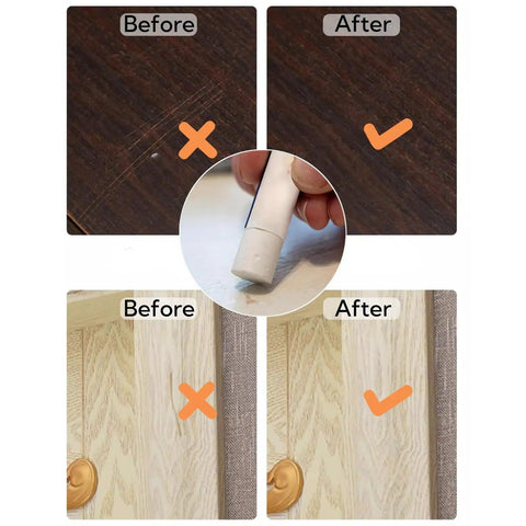 Before and after using Wood Repair Wax Sticks For Scratches And Dents In Furniture Floors Cabinets And Doors Seamless Color Match