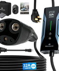 Portable Level 2 Electric Vehicle Charger 32 Amp 240 Volt Nema 14 50 Plug With 25 Ft Cable showing plug and display.