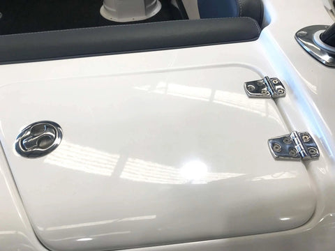 Heavy Duty Marine Flush Hatch Hinge Pair With Fasteners Built From 316 Stainless Steel on a boat compartment