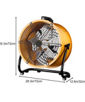 Heavy Duty Industrial Floor Drum Fan Rock Solid Steel Frame Kickin High Speed Airflow For Garage Workshop Jobsite And Warehouse Summer Cooling Operations, yellow shell, front view, dimensions shown.